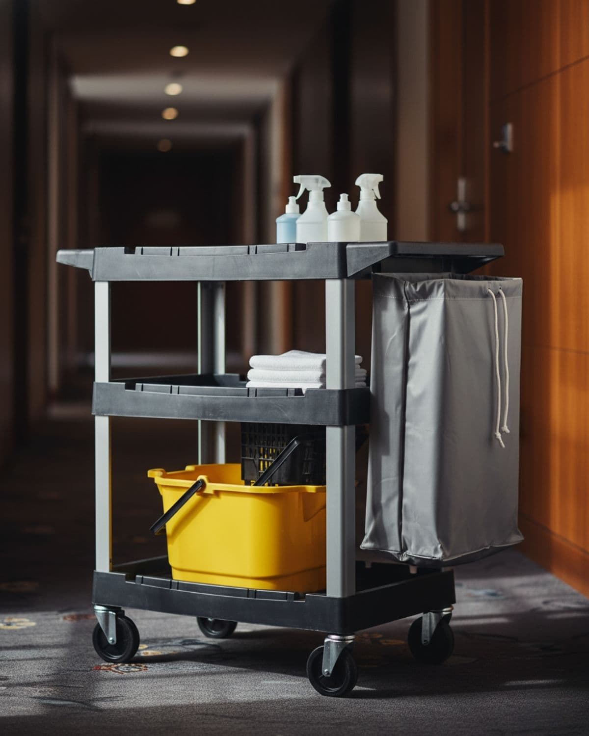 Chariot de nettoyage professionnel avec seau à mop et fournitures